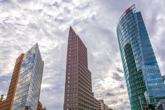 Berlin, Germany - October 28, 2013: Potsdamer Platz square - Deutsche Bahn (German Rail) building, and Kollhoff Tower.