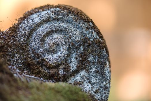 A rock sculpted to be shaped like a spiral covered in moss with a smooth orange out of focus background.