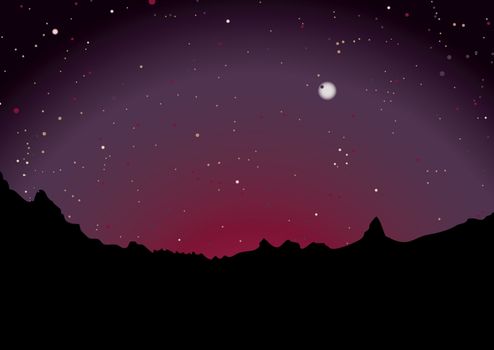 mountain range skyline with sunset and stars