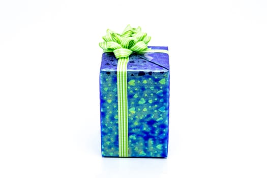 blue gift box with green ribbon bow, isolated on white