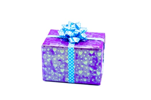 purple gift box with blue ribbon bow, isolated on white