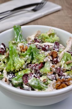 Broccoli salad with chicken, walnuts, sunflower seeds, cranberries and yogurt