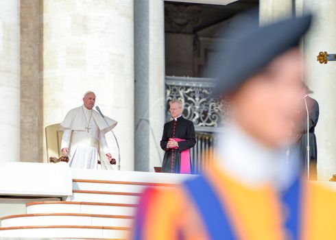 ITALY, Rome: Pope Francis stands in St. Peter's Square at the Vatican on October 14, 2015. While addressing his weekly general audience there, the pope reportedly asks forgiveness for a pair of scandals within the Vatican this month: Monsignor Krzysztof Charamsa was recently dismissed after revealing at an October 3 news conference that he was gay and had lived with his male partner for years. And a clergyman at the Santa Teresa d'Avila parish reportedly had relations with vulnerable adults, according to local media.