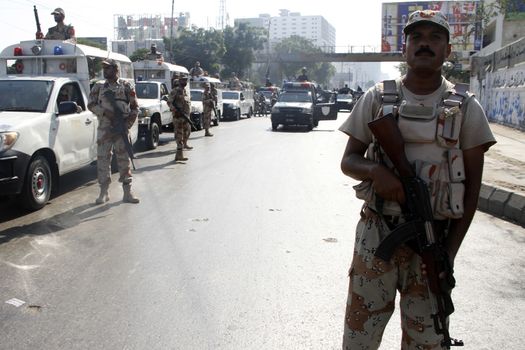 PAKISTAN, Karachi: Security is heightened with the presence of both police and Rangers in Karachi, Pakistan on October 14, 2015, under the fear and suspicion of terrorist attacks during Muharram-ul-Haram, ushering in the Islamic New Year. Muharram is the first month of the Islamic calendar.