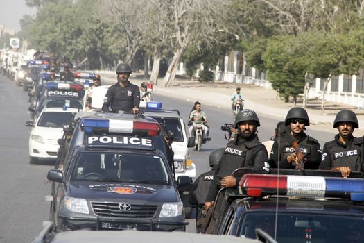 PAKISTAN, Karachi: Security is heightened with the presence of both police and Rangers in Karachi, Pakistan on October 14, 2015, under the fear and suspicion of terrorist attacks during Muharram-ul-Haram, ushering in the Islamic New Year. Muharram is the first month of the Islamic calendar.