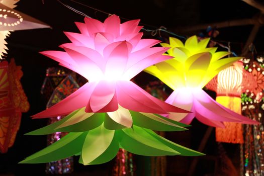 Colorful flower shaped lanters lit on the ocassion Diwali festival festival in India.