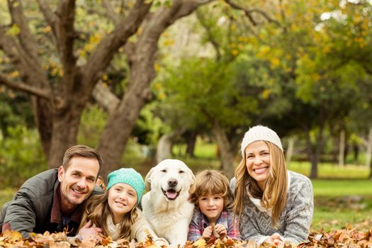 Young family with a dog on an autumns day