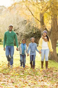 Portrait of a young smiling family walking on an autumns day