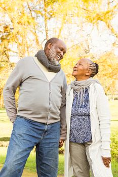 Senior happy couple looking each other in parkland