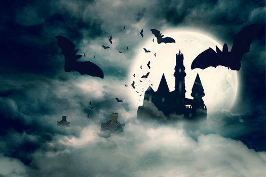 Digitally generated Bats flying to draculas castle