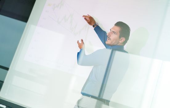 Business man making a presentation in front of whiteboard. Business executive delivering a presentation to his colleagues during meeting or in-house business training. View through glass.