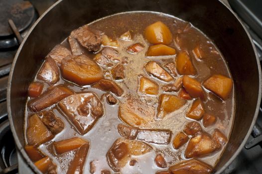 Tasty stew or hot pot with cubed lamb or beef in a rich gravy with carrots and potatoes, viewed from above in a pot ready for serving