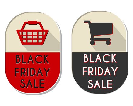black friday sale with shopping basket and cart signs - two elliptic flat design labels, business holiday commerce concept