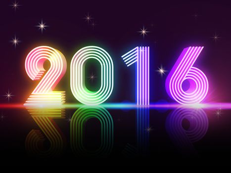 year 2016 in 3d rainbow colored neon shining figures, disco number, holiday concept