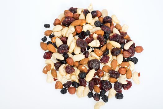  mixed nuts and dried fruits isolated on white background