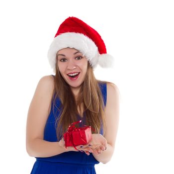 girl in a Christmas cap gift to rejoice on white background.