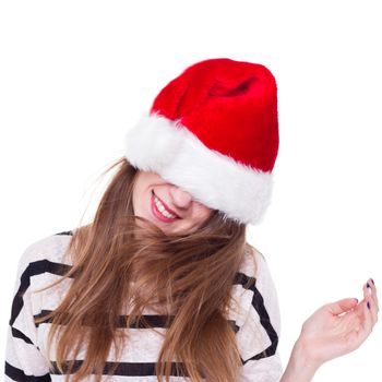 girl in a red Christmas hat expressive shakes his head. On a white background. isolate