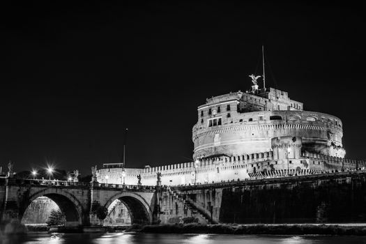 Castle of the Holy Angel at night in black and white