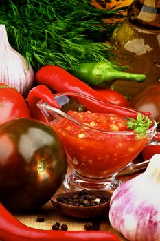 Bruschetta Sauce in Glass Gravy Boat with Black Tomatoes, Garlic, Chili Peppers, Dill and Olive Oil in Glass Bottle closeup