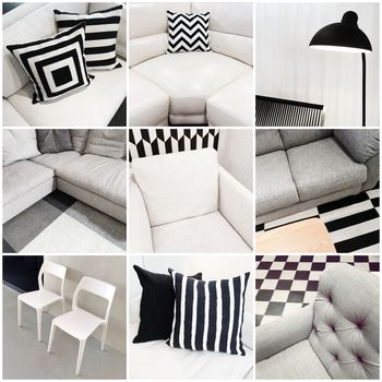 Interiors with black and white furniture. Collage of nine photos.