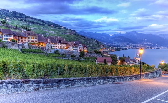 Lavaux region by sunset in Vaud, Switzerland, HDR