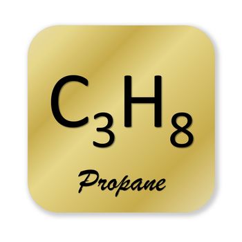 Golden chemical formula of propane symbol isolated in white background