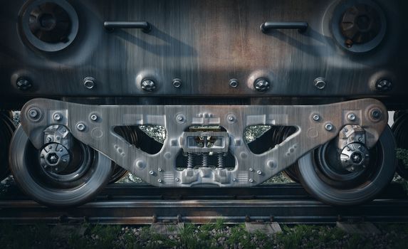 Industrial rail train wheels closeup technology conceptual background
