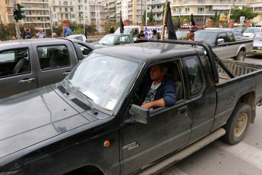 GREECE, Thessaloniki: Greek farmers take their pickup trucks to the streets of Thessaloniki, Greece's second largest city, on October 15, 2015 to protest against the government's planned tax increases for the agricultural sector. The tax hike was agreed to as part of the most recent bailout deal to end the country's economic crisis. A similar protest was held in the Greek capital of Athens.