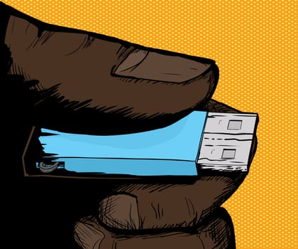 Cartoon illustration of hand holding memory stick