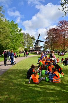Lisse, The Netherlands - May 7, 2015: Students field trip at famous garden in Keukenhof. Keukenhof is the most beautiful spring garden in the world.