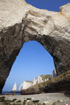 Vertical view of Chalk cliffs at Cote d'Albatre (Alabaster Coast). Etretat, France