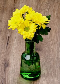 Bunch of Beauty Yellow Chrysanthemum in Green Vase closeup on Textured Wooden background