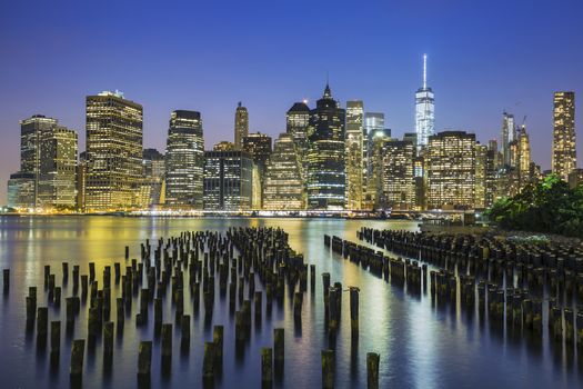 View of New York City Manhattan downtown skyline at dusk, USA. 