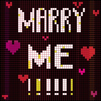 Marriage proposal card, pixel illustration of a scoreboard composition with digital text