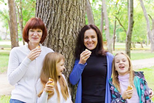 Photo of group laugh people are eating in summer