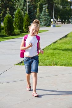 Cute girl go to school with pink knapsack