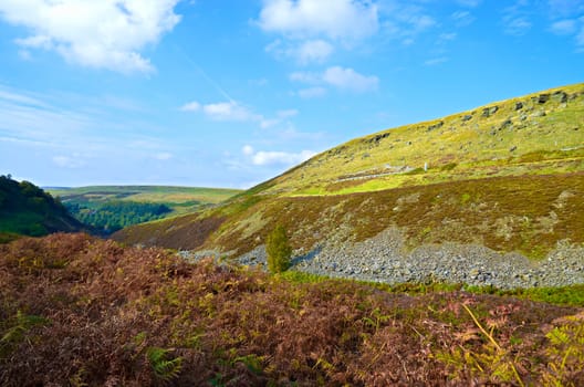 English countryside landscape, hills, grassy slopes in Woodhead Derbyshire


