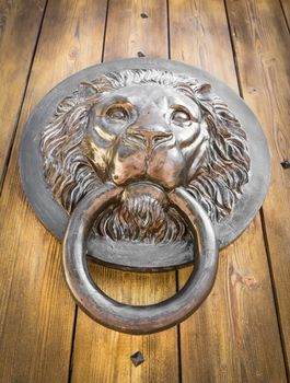 Antique door knocker shaped like a lion's head.