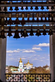  Saint Michael Cathedral from Saint Sophia Sofia Cathedral Bell Tower Golden Dome Sofiyskaya Square Kiev Ukraine.  Saint Sophia is oldest Cathedral and Church in Kiev and was built by King Yaroslov the Wise in 1037.