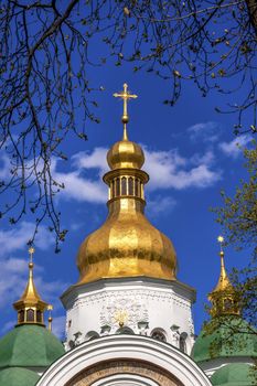 Saint Sophia Sofia Cathedral Spires Towe Golden Dome Sofiyskaya Square Kiev Ukraine.  Saint Sophia is oldest Cathedral and Church in Kiev.  Saint Sofia was built by King Yaroslov the Wise in 1037.