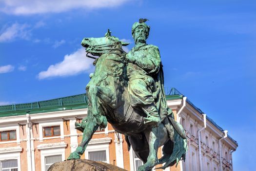 Bogdan Khmelnitsky Equestrian Statue Sofiyskaya Square Kiev Ukraine. Founder of Ukraine Cossack State in 1654. Statue created 1881 by Sculptor Mikhail Mykeshin