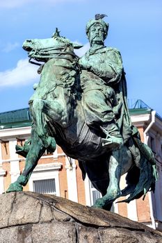 Bogdan Khmelnitsky Equestrian Statue Sofiyskaya Square Kiev Ukraine. Founder of Ukraine Cossack State in 1654. Statue created 1881 by Sculptor Mikhail Mykeshin