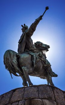 Bogdan Khmelnitsky Equestrian Statue Sofiyskaya Square Kiev Ukraine. Founder of Ukraine Cossack State in 1654. Statue created 1881 by Sculptor Mikhail Mykeshin