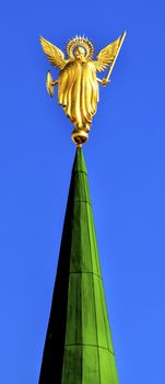 Archangel Michael Statue Entrance Saint Sophia Sofia Cathedral Spires Towe Golden Dome Sofiyskaya Square Kiev Ukraine.  Saint Sophia is oldest Cathedral and Church in Kiev.  Saint Sofia was built by King Yaroslov the Wise in 1037.