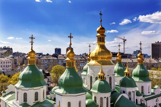 Saint Sophia Sofia Cathedral Spires Towe Golden Dome Sofiyskaya Square Kiev Ukraine.  Saint Sophia is oldest Cathedral and Church in Kiev.  Saint Sofia was built by King Yaroslov the Wise in 1037.