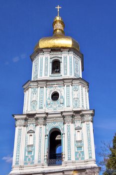 Saint Sophia Sofia Cathedral Towe Golden Dome Sofiyskaya Square Kiev Ukraine.  Saint Sophia is oldest Cathedral and Church in Kiev.  Saint Sofia was built by King Yaroslov the Wise in 1037.