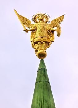 Archangel Michael Statue Entrance Saint Sophia Sofia Cathedral Spires Towe Golden Dome Sofiyskaya Square Kiev Ukraine.  Saint Sophia is oldest Cathedral and Church in Kiev.  Saint Sofia was built by King Yaroslov the Wise in 1037.
