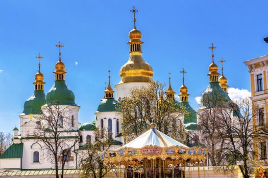 Saint Sophia Sofia Cathedral Spires Towe Golden Dome Sofiyskaya Square Kiev Ukraine.  Saint Sophia is oldest Cathedral and Church in Kiev.  Saint Sofia was built by King Yaroslov the Wise in 1037.