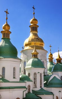 Saint Sophia Sofia Cathedral Spires Tower Golden Dome Sofiyskaya Square Kiev Ukraine.  Saint Sophia is oldest Cathedral and Church in Kiev.  Saint Sofia was built by King Yaroslov the Wise in 1037.