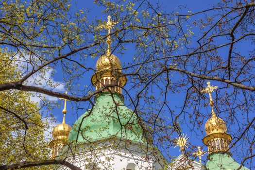 Saint Sophia Sofia Cathedral Spires Golden Dome Sofiyskaya Square Kiev Ukraine.  Saint Sophia is oldest Cathedral and Church in Kiev.  Saint Sofia was built by King Yaroslov the Wise in 1037.